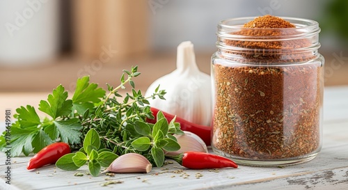 Louisiana Creole seasoning mix with fresh herbs beside