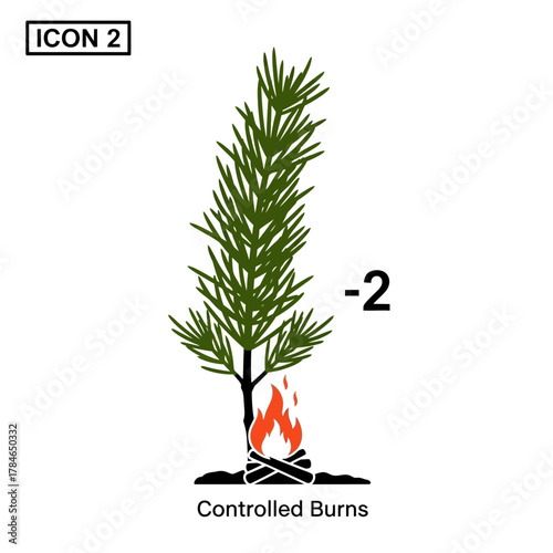Controlled Burns Icon Showing a Small Pine Tree and Campfire.