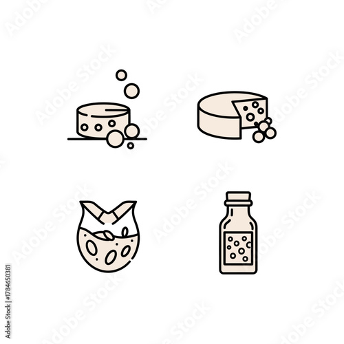 Dairy product icons representing cheese, milk, and other related items.