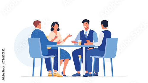Diverse group of four professionals in business attire engaged in a lively discussion around a table with drinks