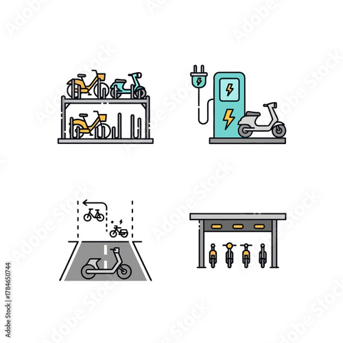 Electric Scooter and Bicycle Sharing Station Icons.
