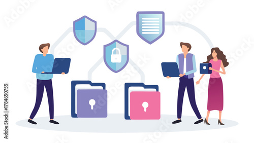 Digital security concept with people using laptops and tablets protecting data with shields and locked folders