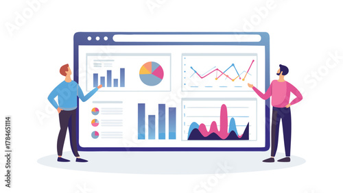 Two people analyzing diverse financial charts and graphs displayed on a digital dashboard interface for business intelligence and data visualization