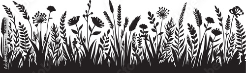 Black and white wildflower meadow vector illustration | floral silhouette border design eps