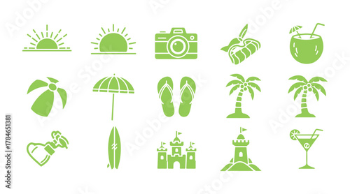 Glyph Icons for summer vacation. This vector illustration includes glyph-style elements such as a sunrise, a camera, a coconut, and others.

