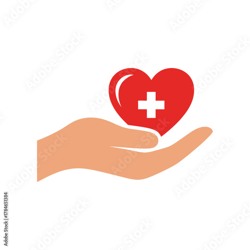 Hand holding a red heart with a white cross symbol representing healthcare.