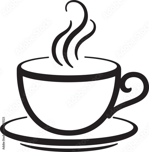 Steaming hot drink cup vector outline on a saucer with rising steam for beverage menus and cafe branding.