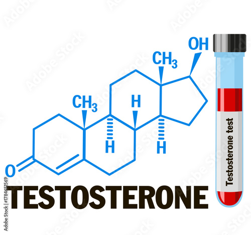 Symbol of testosterone with lab samples. Sex hormone formula chemical structure molecule. Medical icon. A test tube with blood for laboratory tests