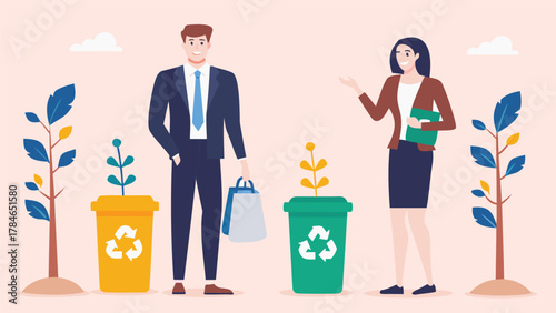 Man and woman in business attire standing next to recycling bins and growing plants promoting environmental responsibility and sustainability