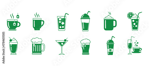 Tea, Coffee, Iced Coffee, Coke, Americano, Lemonade, Water, Milk, Milkshake, Beer, Cocktail, Wish, Energy Drink, Smoothie, Fruit Juice, Sparkling Water, Espresso, Turkish Coffee Icons set