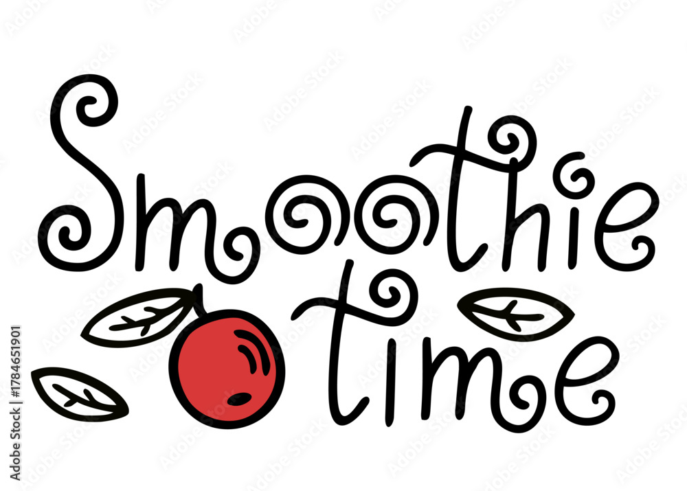 Fototapeta premium Smoothie time. Handwriting calligraphy lettering. Name of a drink made from berries, fruits or vegetables in a blender. Hand drawn typography letter design template. Isolated