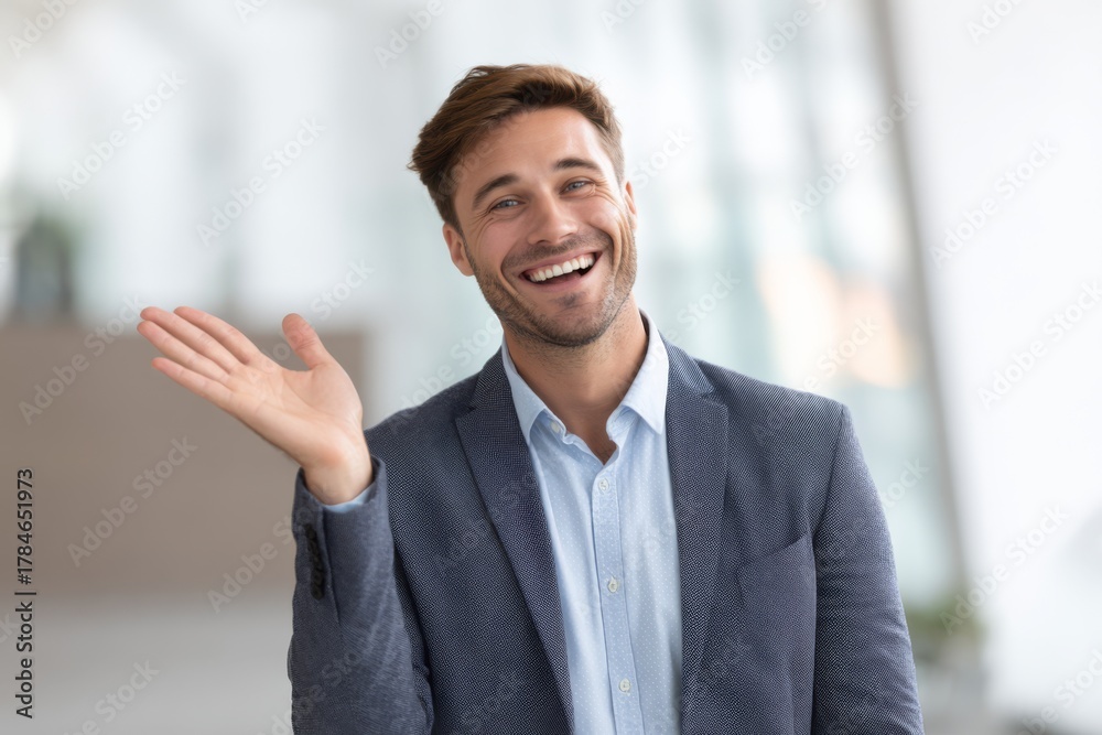 Fototapeta premium A cheerful businessman smiles warmly with open hands, showing friendliness and approachability in conversation.