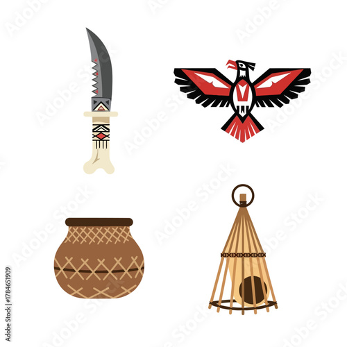 Native American cultural artifacts including a knife pot bird and teepee.