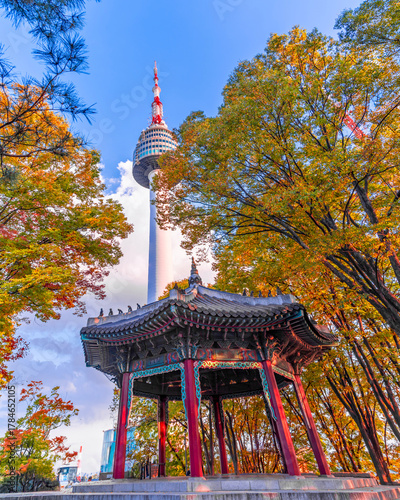 tourist attractions in the city park of seoul City, Asia business concept image, panoramic modern cityscape building in korea. 