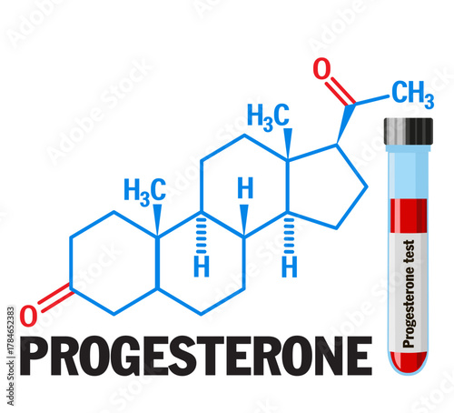 Symbol of Progesterone molecule with lab samples. Female sex hormone. Plays role in menstrual cycle and pregnancy. A test tube with blood for laboratory tests
