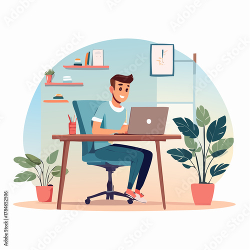 Male freelancer working remotely from a cozy home office. A flat style vector illustration of a young man using a laptop at his desk surrounded by plants