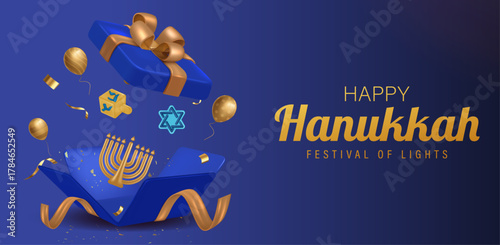 Luxury Hanukkah composition featuring golden ribbons, blue gift box, menorah, dreidel and Star of David on elegant background illustration. Hanukkah Social Media Post. Vector Illustration 