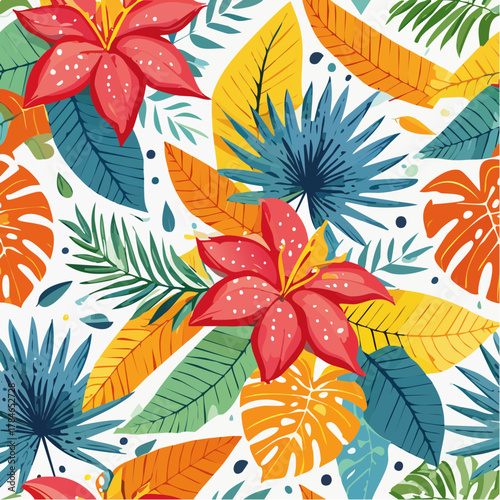 Vibrant Tropical Floral Pattern with Exotic Leaves and Flowers on White Background