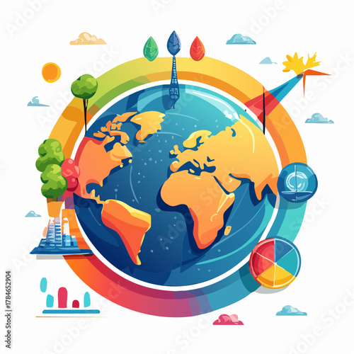 Global Warming and Environmental Protection Infographic of a Healthy Planet with Clean Energy Icons and Climate Data
