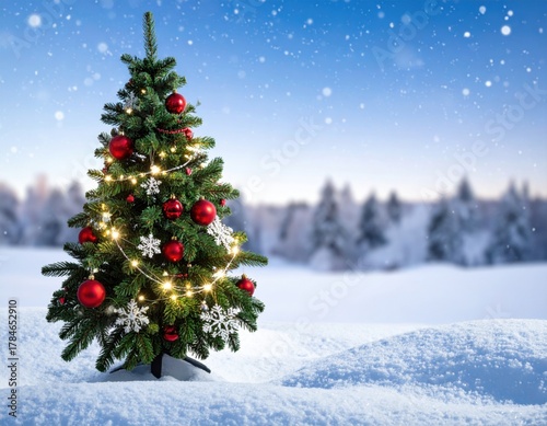 Snow-covered Christmas tree adorned with red ornaments and lights Generative AI