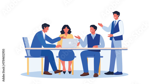 Diverse group of professionals collaborating around a table with a laptop in a modern office setting discussing ideas and planning strategies