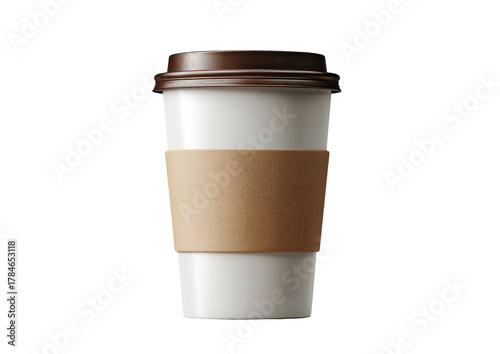 Simple white disposable coffee cup with brown lid and sleeve