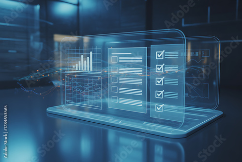 Dynamic digital dashboard showcasing financial analytics and task completion on futuristic transparent interface, driving business growth and efficiency.