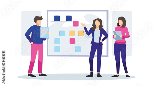 Diverse team collaborating and brainstorming ideas on a whiteboard with sticky notes during a business meeting