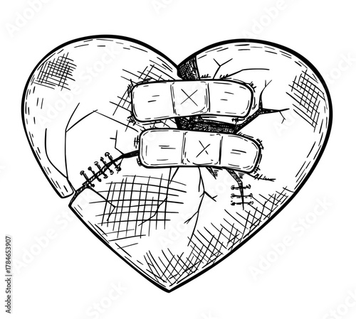 Broken heart sketch. Heart cracked and broken. First aid plasters on heart. Isolated on a white background