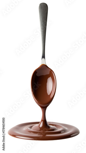 Rich chocolate sauce drips from silver spoon, creating glossy puddle below. smooth texture and deep color evoke indulgence and sweetness