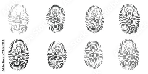 Set of fingerprint black different fingerprints are shown, each with a different pattern on white background.