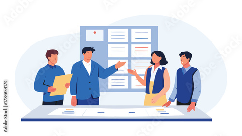 Diverse team of professionals collaborating and presenting ideas in a modern office meeting with a whiteboard and documents