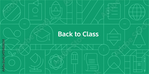 Back to class green geometric background with school icons and text