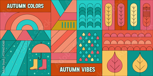 Abstract autumn colors and vibes with geometric shapes and seasonal icons