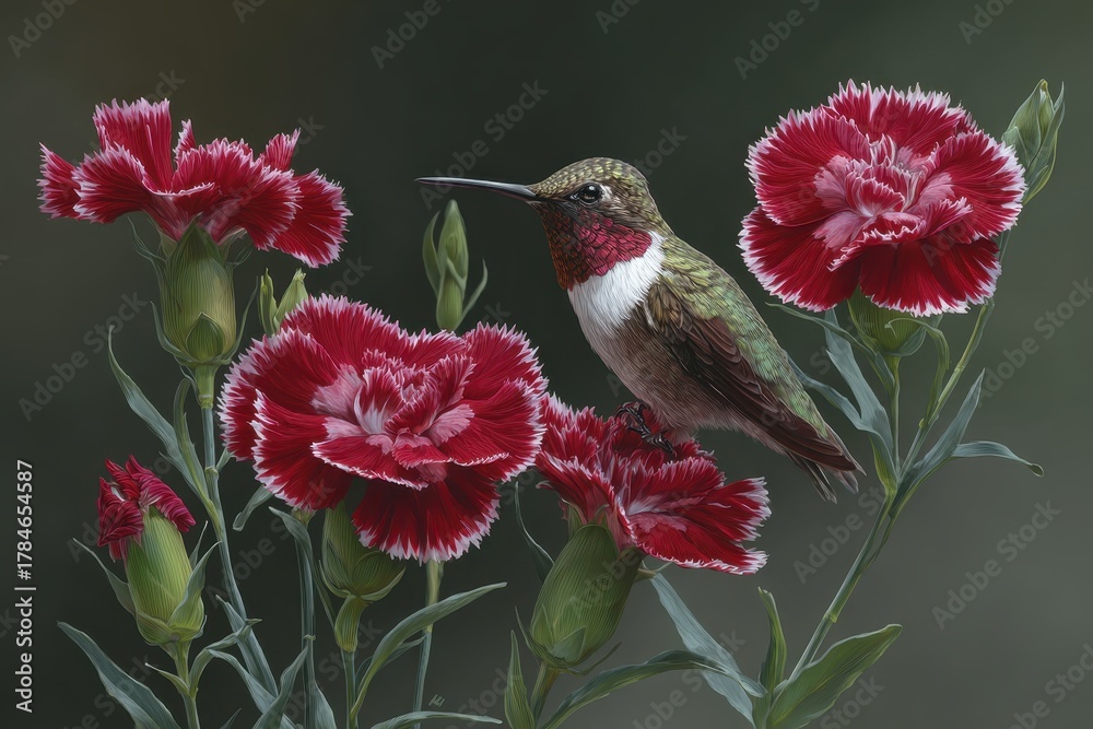 Obraz premium Elegant hummingbird perched among vibrant dianthus flowers in a tranquil natural setting during midday light