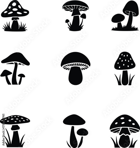 Assortment of Black Mushroom Silhouettes on White fungi