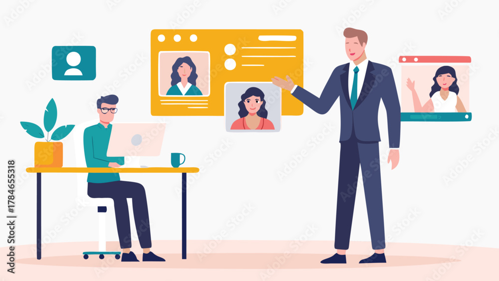 Obraz premium Business man presenting candidates on a screen during a remote meeting with a colleague working on a laptop