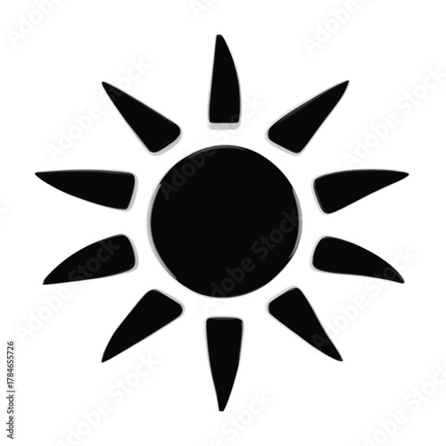 A black sun icon with pointed rays on a white background, representing a stylized celestial body.