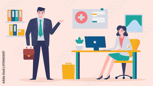 Professional business meeting in a modern office with a male presenter and a female colleague working at her desk