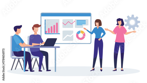 Diverse team collaborating on a business presentation with charts and graphs displayed on a whiteboard and a laptop