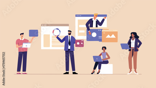 Diverse team of professionals collaborating on digital projects and analyzing data with laptops and screens