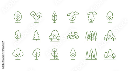 Set of tree line icons. Vector assortment. Different thin and simple outlines. Design elements grouped together