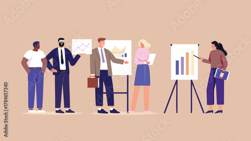 Diverse business professionals collaborating and presenting data charts on whiteboards during a meeting or workshop session