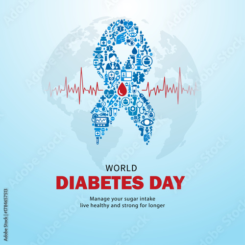 World Diabetes Day Awareness Ribbon with Heartbeat and Globe Illustration