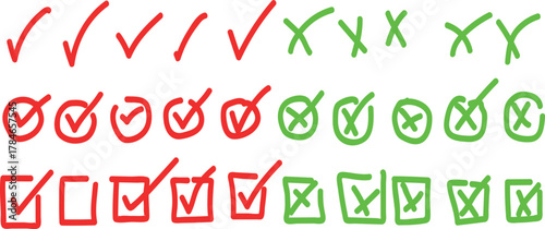 Hand-drawn red and green check and cross marks icon set signs