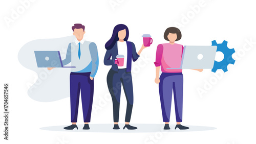 Diverse team of professionals collaborating with laptops and coffee cups representing teamwork and innovation in a modern business setting