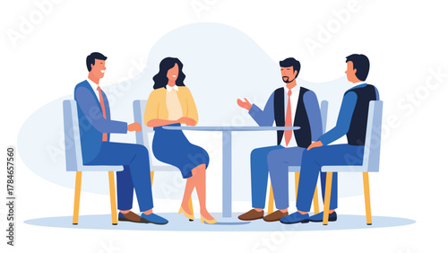 Diverse group of four professionals in business attire engaged in a collaborative discussion around a round table in a modern office setting