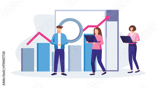 Diverse team of professionals analyzing upward trending business growth charts and financial data on laptops in a modern office setting