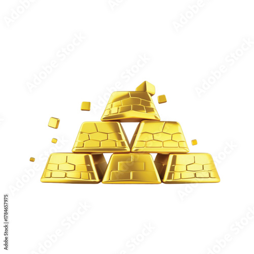 A pyramid of shiny gold bars stacked on a white background with small gold cubes floating around.