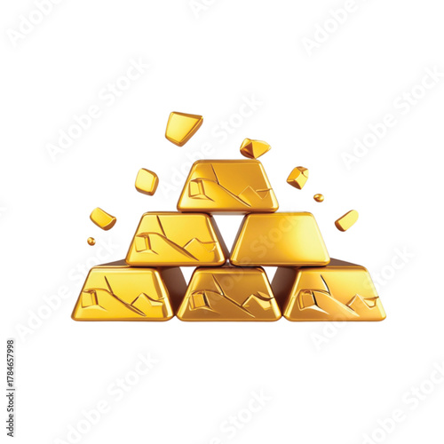 A pyramid of gleaming gold bars with small pieces of gold scattered around the top.